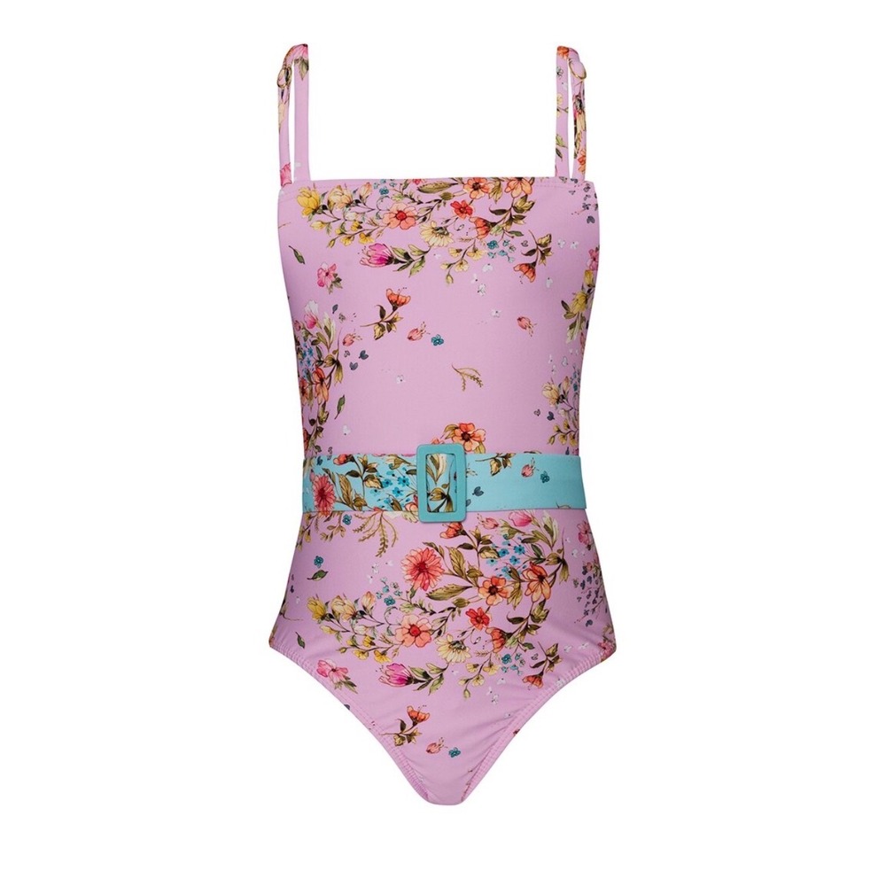PQ Swim Kids Dolce Floral Belted One Piece Swimsuit Pink Blue DOL-1295P Size 6